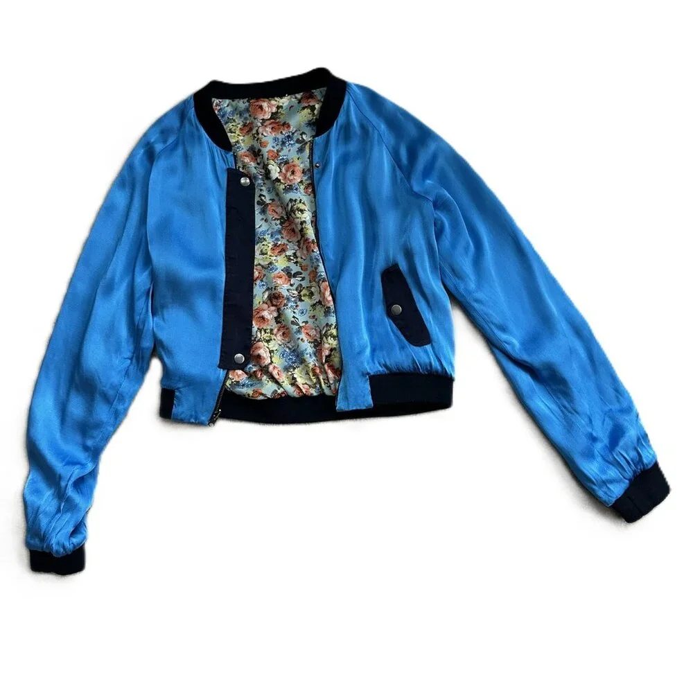 XS women Reversible Jacket Short Moto Style Floral and Blue Satin 2 looks in 1 - Picture 4 of 9